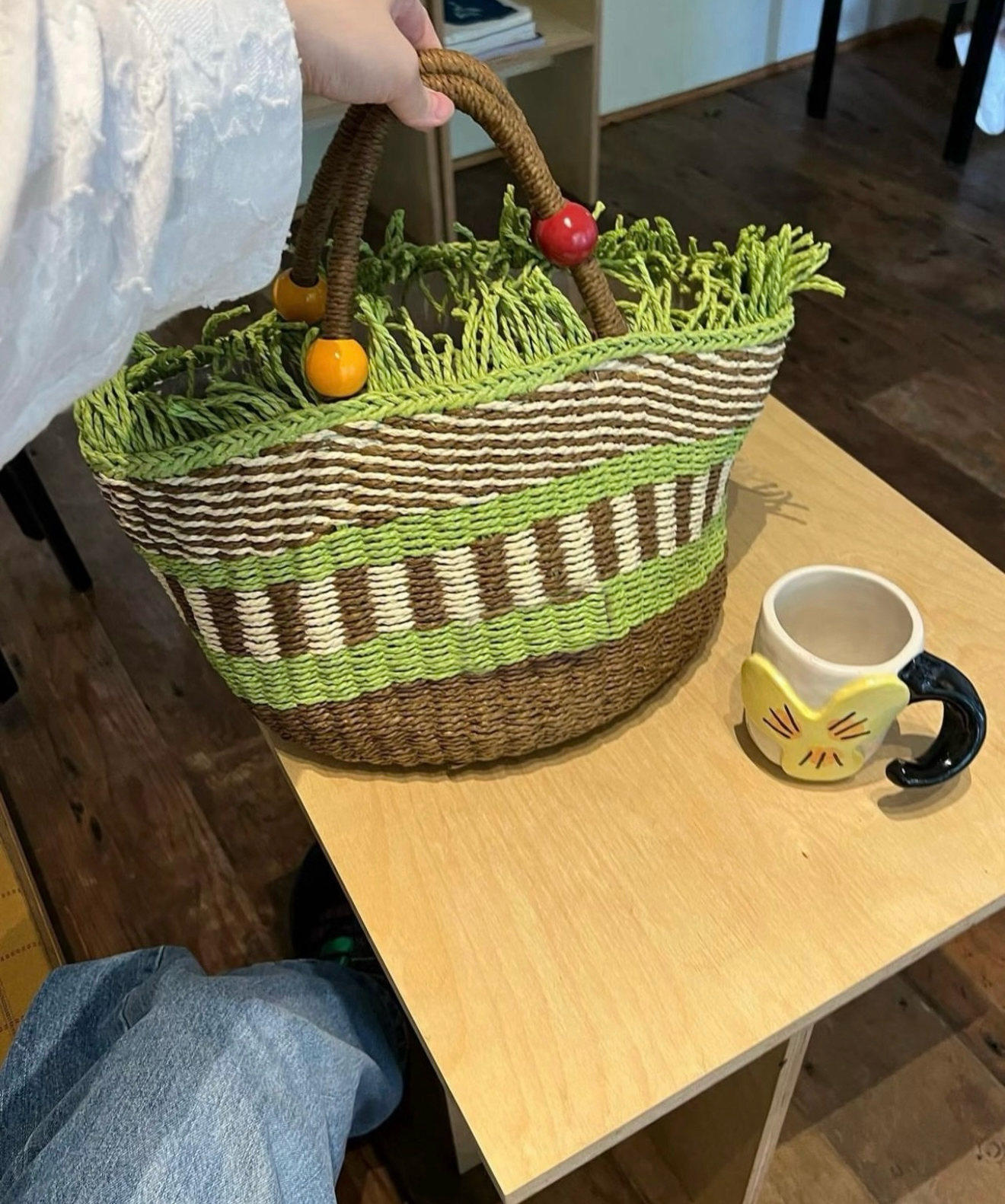 Store Faded Retro Picnic Fruit Basket Bag - Woven Summer Beach Handbag - Faded