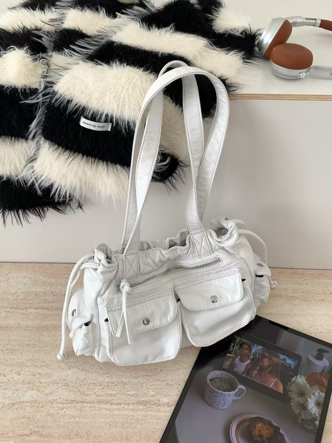 Store Faded Edgy Biker Shoulder Bag - Soft Leather Multi-Pocket Cargo Purse - Faded